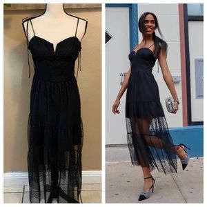 NWOT Lulus Romantic Spot Black Polka Dot Mesh Tiered Midi Dress